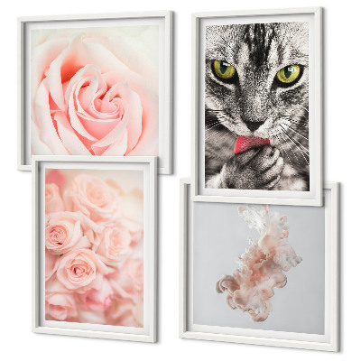 Conjunto de 4 quadros com moldura Rosas cinza-gato abstratas