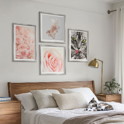 Conjunto de 4 quadros com moldura Rosas cinza-gato abstratas