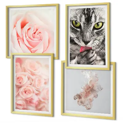 Conjunto de 4 quadros com moldura estampa de rosas abstratas na cor cinza-gato