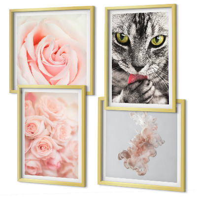 Conjunto de 4 quadros com moldura Rosas cinza-gato abstratas