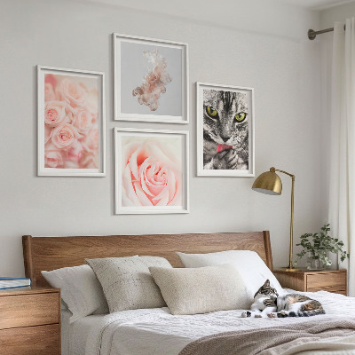 Conjunto de 4 quadros com moldura Rosas cinza-gato abstratas