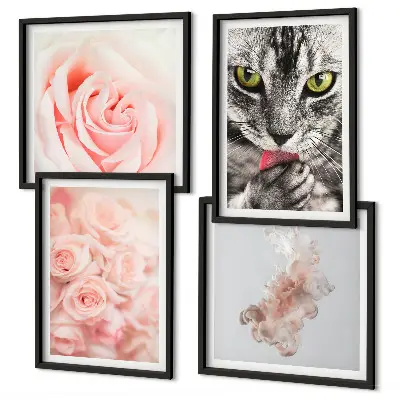 Conjunto de 4 quadros com moldura estampa de rosas abstratas na cor cinza-gato