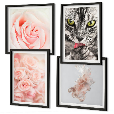 Conjunto de 4 quadros com moldura Rosas cinza-gato abstratas