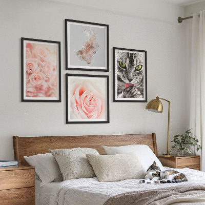 Conjunto de 4 quadros com moldura Rosas cinza-gato abstratas