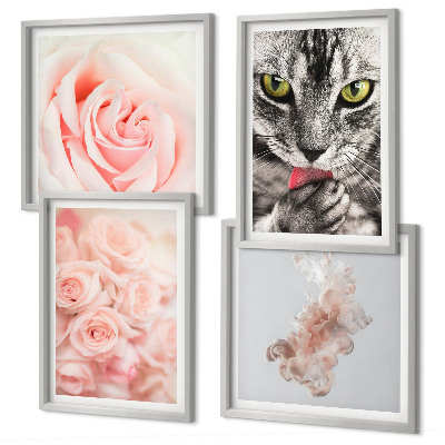 Conjunto de 4 quadros com moldura Rosas cinza-gato abstratas