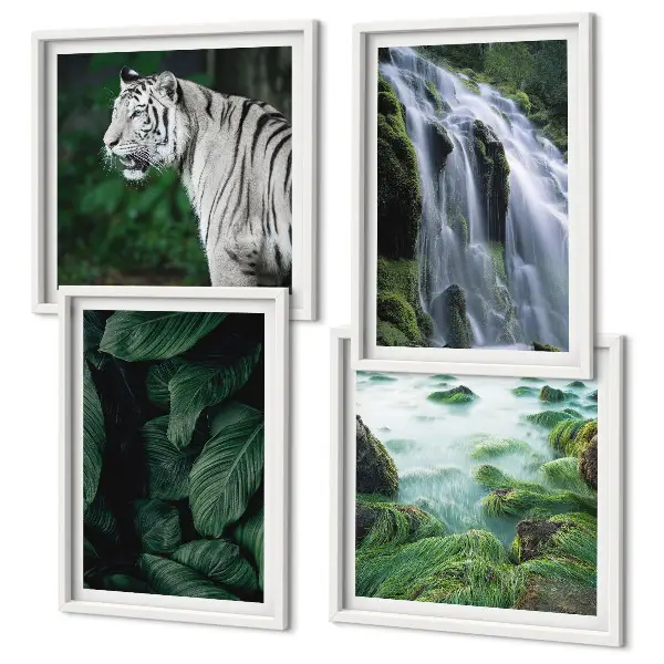 Conjunto de 4 quadros com moldura estampa de folhas da cachoeira do tigre branco