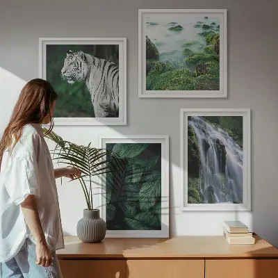 Conjunto de 4 quadros com moldura estampa de folhas da cachoeira do tigre branco