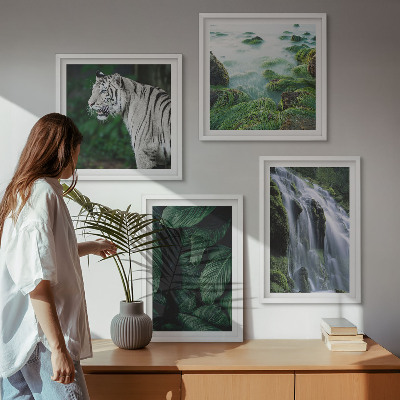 Conjunto de 4 quadros com moldura Folhas da cachoeira do tigre branco
