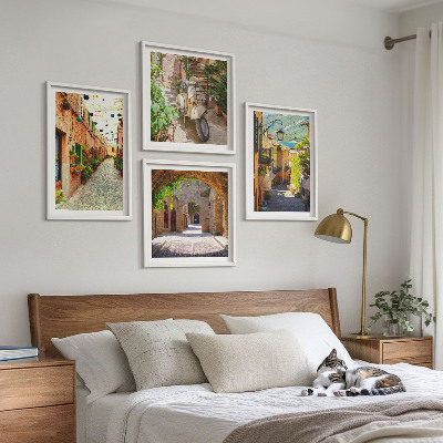 Conjunto de 4 quadros com moldura Ruas charmosas e pizza