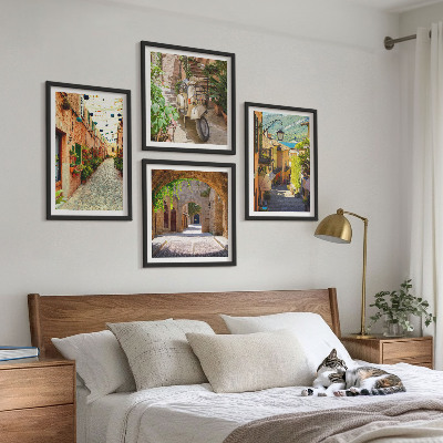 Conjunto de 4 quadros com moldura Ruas charmosas e pizza