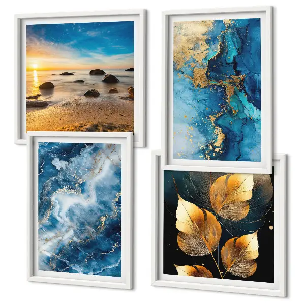 Conjunto de 4 quadros com moldura com imagens de padrões em azul e ouro