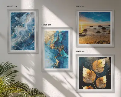 Conjunto de 4 quadros com moldura com imagens de padrões em azul e ouro
