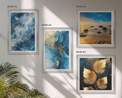 Conjunto de 4 quadros com moldura imagens de padrões em azul e ouro