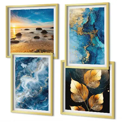Conjunto de 4 quadros com moldura com imagens de padrões em azul e ouro