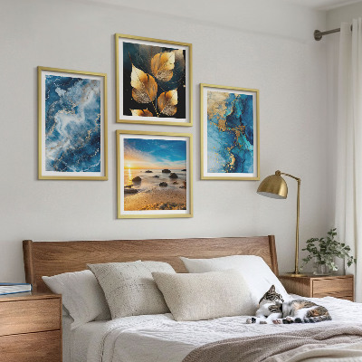 Conjunto de 4 quadros com moldura imagens de padrões em azul e ouro