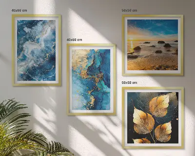 Conjunto de 4 quadros com moldura com imagens de padrões em azul e ouro