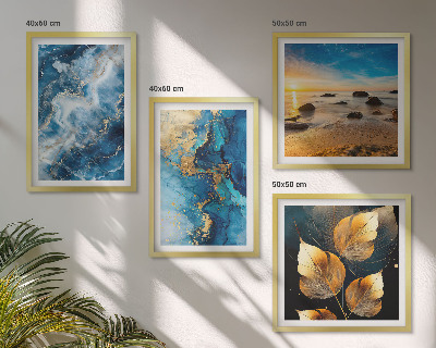Conjunto de 4 quadros com moldura imagens de padrões em azul e ouro