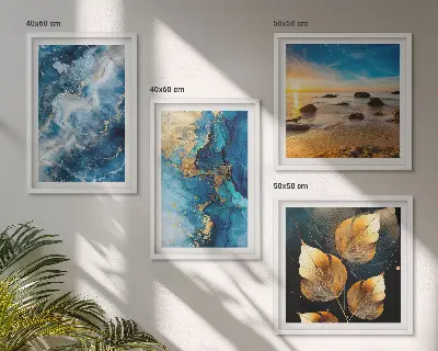 Conjunto de 4 quadros com moldura com imagens de padrões em azul e ouro