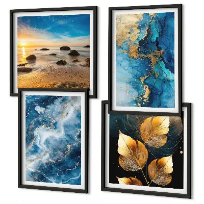 Conjunto de 4 quadros com moldura com imagens de padrões em azul e ouro