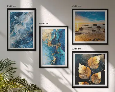 Conjunto de 4 quadros com moldura com imagens de padrões em azul e ouro