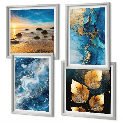 Conjunto de 4 quadros com moldura com imagens de padrões em azul e ouro
