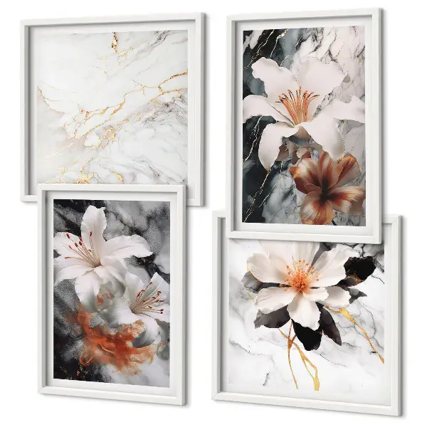 Políptico com moldura flores em mármore branco e preto