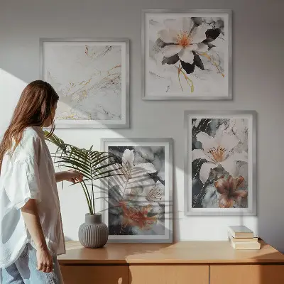 Políptico com moldura flores em mármore branco e preto