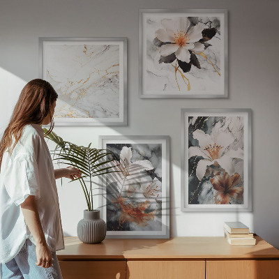 Políptico com moldura Flores mármore branco preto