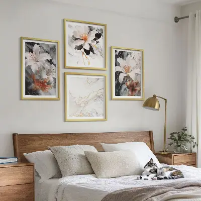 Políptico com moldura flores em mármore branco e preto