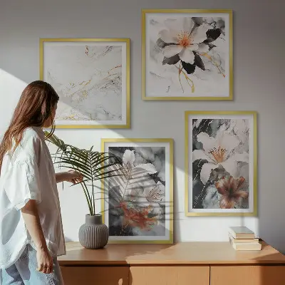 Políptico com moldura flores em mármore branco e preto