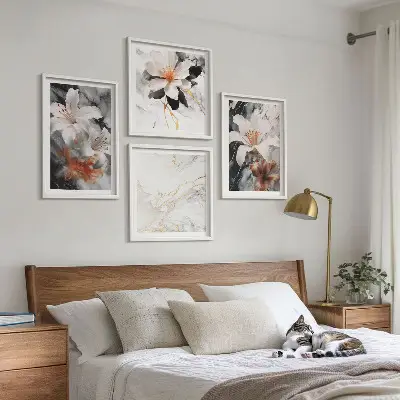 Políptico com moldura flores em mármore branco e preto