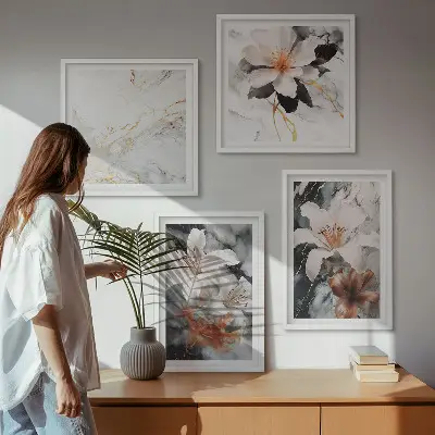 Políptico com moldura flores em mármore branco e preto