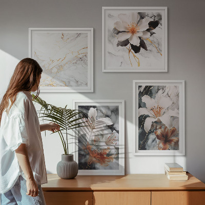 Políptico com moldura Flores mármore branco preto