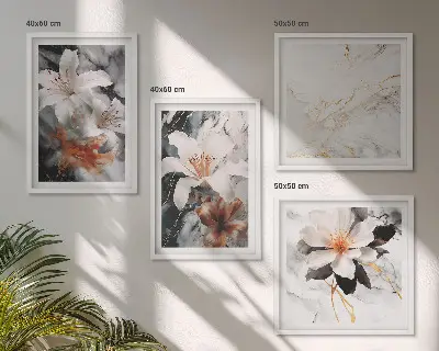 Políptico com moldura flores em mármore branco e preto