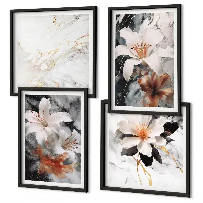 Políptico com moldura flores em mármore branco e preto