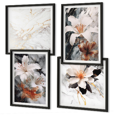 Políptico com moldura Flores mármore branco preto