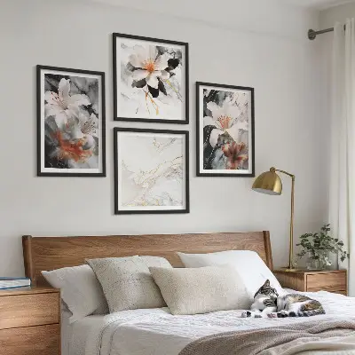 Políptico com moldura flores em mármore branco e preto