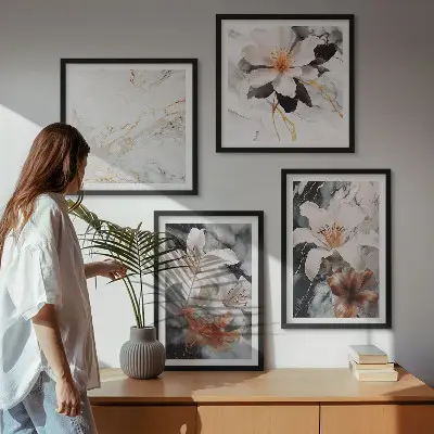 Políptico com moldura flores em mármore branco e preto