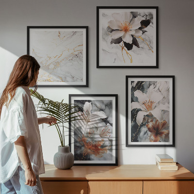 Políptico com moldura Flores mármore branco preto