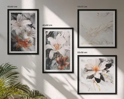 Políptico com moldura flores em mármore branco e preto