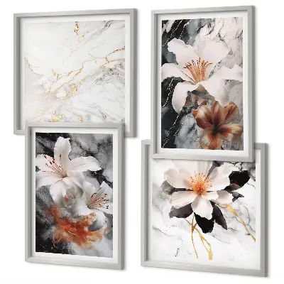 Políptico com moldura flores em mármore branco e preto