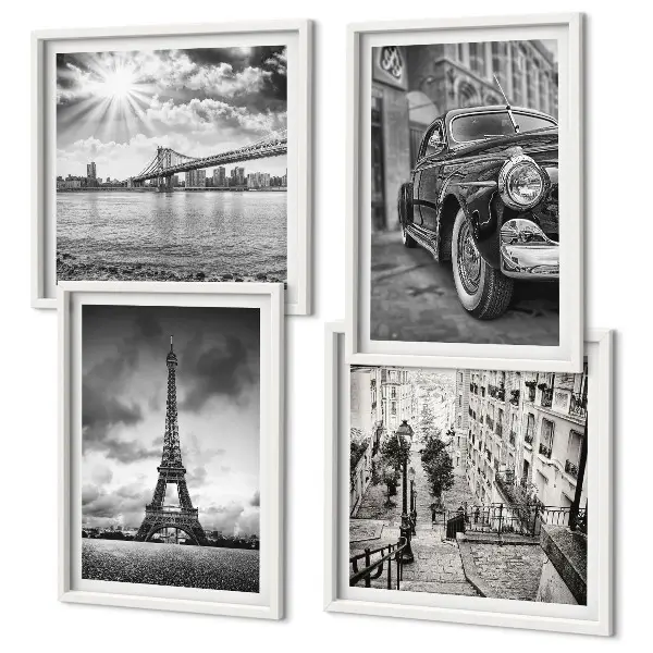 Conjunto de 4 quadros com moldura com vistas da cidade, pontes, Torre Eiffel e carro