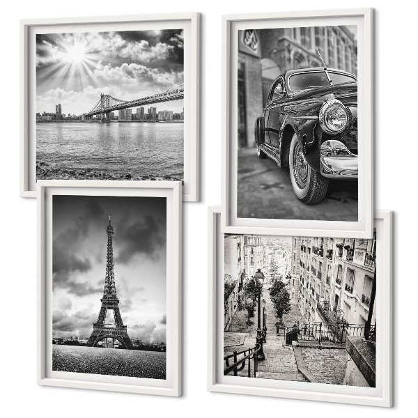 Conjunto de 4 quadros com moldura Vistas da cidade, pontes, Torre Eiffel, carro
