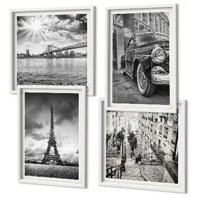 Conjunto de 4 quadros com moldura com vistas da cidade, pontes, Torre Eiffel e carro