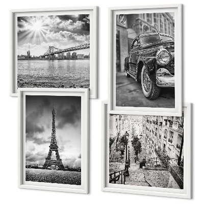 Conjunto de 4 quadros com moldura Vistas da cidade, pontes, Torre Eiffel, carro
