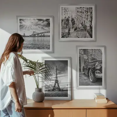 Conjunto de 4 quadros com moldura com vistas da cidade, pontes, Torre Eiffel e carro