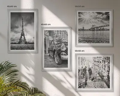 Conjunto de 4 quadros com moldura com vistas da cidade, pontes, Torre Eiffel e carro
