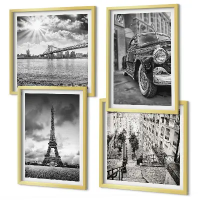 Conjunto de 4 quadros com moldura com vistas da cidade, pontes, Torre Eiffel e carro