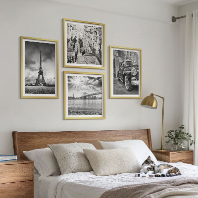 Conjunto de 4 quadros com moldura Vistas da cidade, pontes, Torre Eiffel, carro