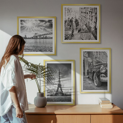 Conjunto de 4 quadros com moldura Vistas da cidade, pontes, Torre Eiffel, carro